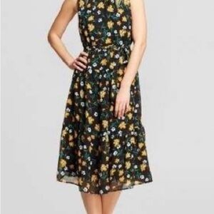 Who What Wear Floral Midi Dress - Black and Yellow